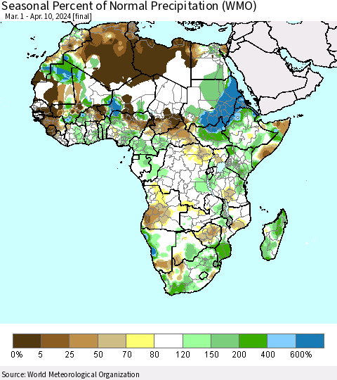 Africa Seasonal Percent of Normal Precipitation (WMO) Thematic Map For 3/1/2024 - 4/10/2024