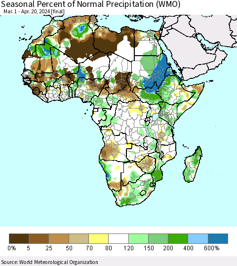 Africa Seasonal Percent of Normal Precipitation (WMO) Thematic Map For 3/1/2024 - 4/20/2024