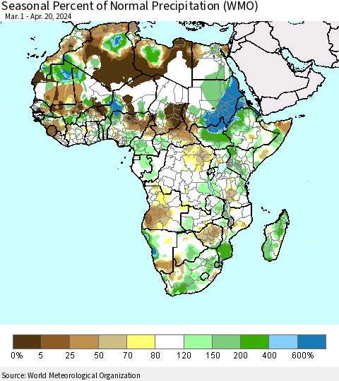 Africa Seasonal Percent of Normal Precipitation (WMO) Thematic Map For 3/1/2024 - 4/20/2024