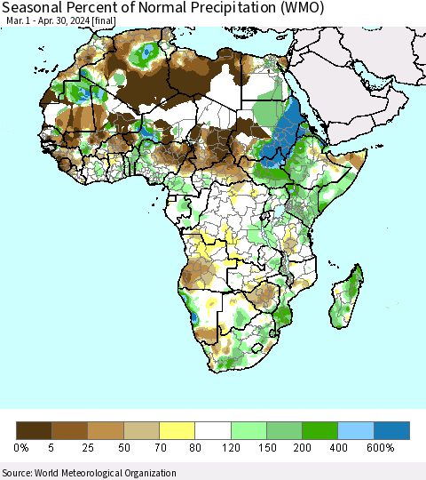 Africa Seasonal Percent of Normal Precipitation (WMO) Thematic Map For 3/1/2024 - 4/30/2024