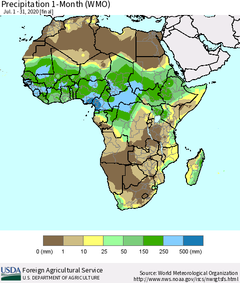 Africa Precipitation 1-Month (WMO) Thematic Map For 7/1/2020 - 7/31/2020