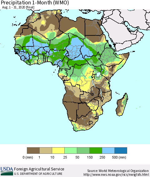 Africa Precipitation 1-Month (WMO) Thematic Map For 8/1/2020 - 8/31/2020