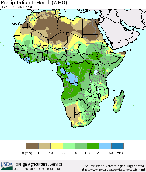 Africa Precipitation 1-Month (WMO) Thematic Map For 10/1/2020 - 10/31/2020