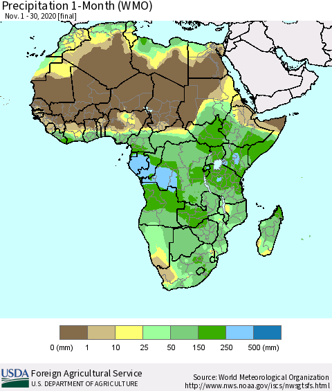 Africa Precipitation 1-Month (WMO) Thematic Map For 11/1/2020 - 11/30/2020