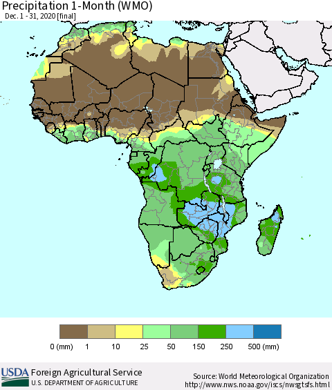Africa Precipitation 1-Month (WMO) Thematic Map For 12/1/2020 - 12/31/2020