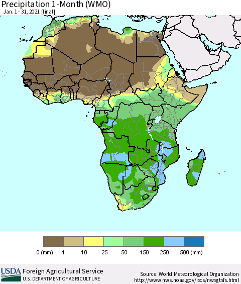 Africa Precipitation 1-Month (WMO) Thematic Map For 1/1/2021 - 1/31/2021