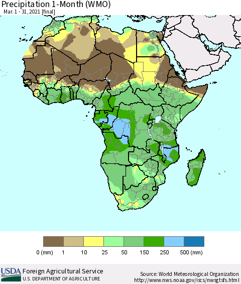 Africa Precipitation 1-Month (WMO) Thematic Map For 3/1/2021 - 3/31/2021