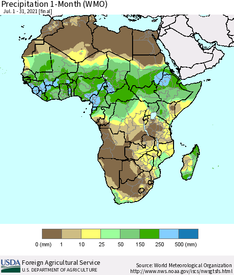 Africa Precipitation 1-Month (WMO) Thematic Map For 7/1/2021 - 7/31/2021