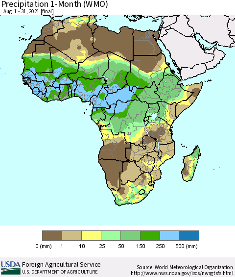 Africa Precipitation 1-Month (WMO) Thematic Map For 8/1/2021 - 8/31/2021
