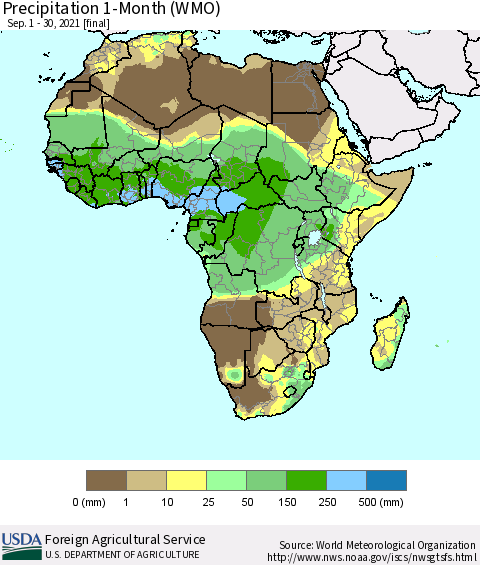 Africa Precipitation 1-Month (WMO) Thematic Map For 9/1/2021 - 9/30/2021