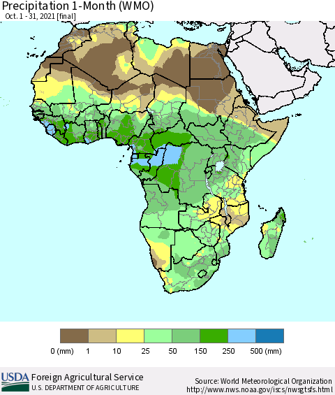 Africa Precipitation 1-Month (WMO) Thematic Map For 10/1/2021 - 10/31/2021