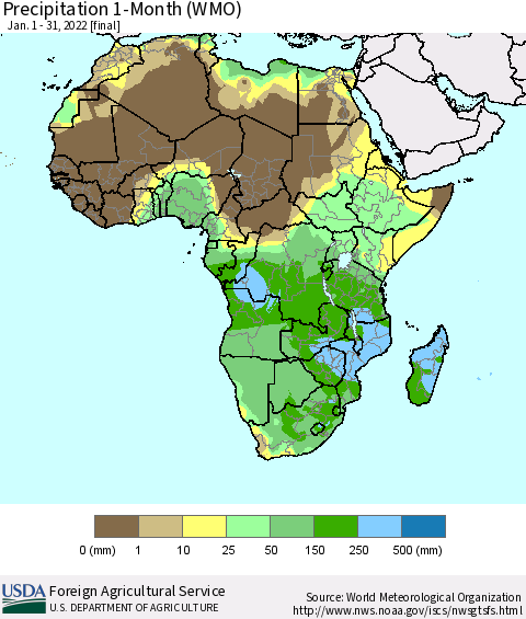 Africa Precipitation 1-Month (WMO) Thematic Map For 1/1/2022 - 1/31/2022