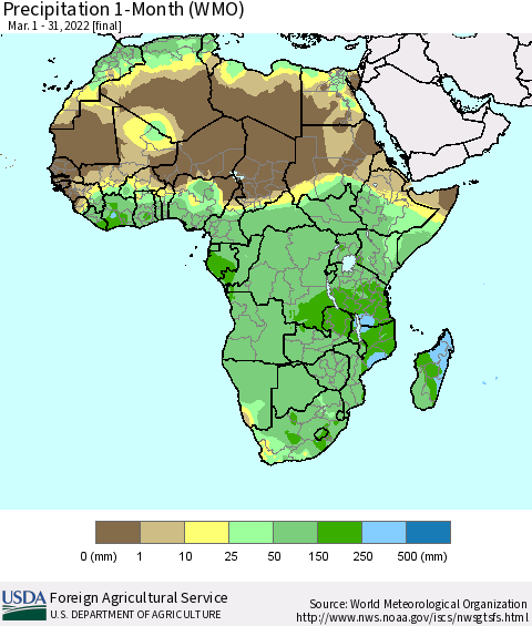 Africa Precipitation 1-Month (WMO) Thematic Map For 3/1/2022 - 3/31/2022