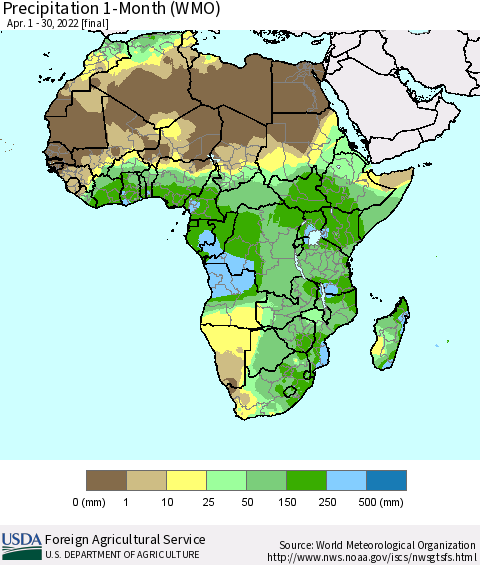 Africa Precipitation 1-Month (WMO) Thematic Map For 4/1/2022 - 4/30/2022