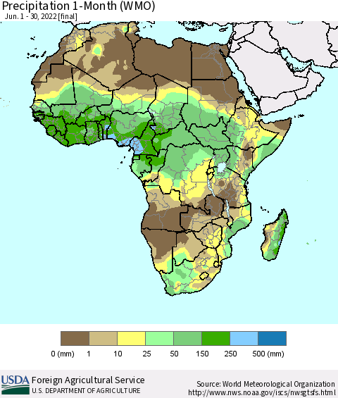 Africa Precipitation 1-Month (WMO) Thematic Map For 6/1/2022 - 6/30/2022