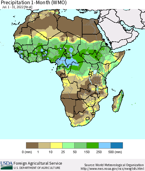 Africa Precipitation 1-Month (WMO) Thematic Map For 7/1/2022 - 7/31/2022
