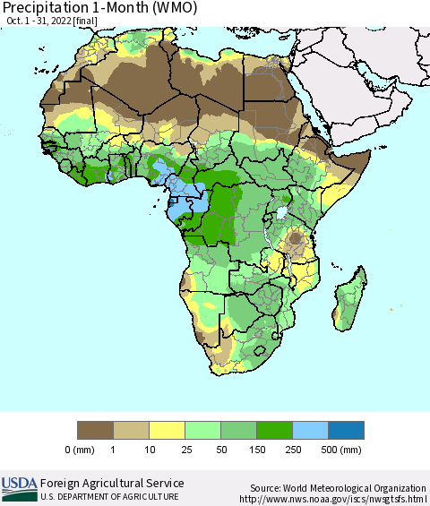 Africa Precipitation 1-Month (WMO) Thematic Map For 10/1/2022 - 10/31/2022