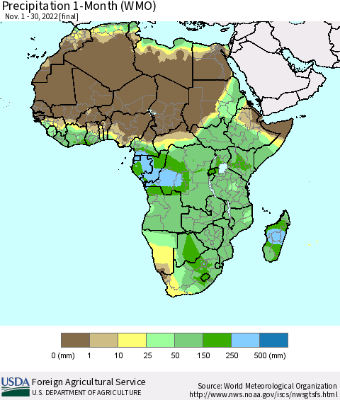 Africa Precipitation 1-Month (WMO) Thematic Map For 11/1/2022 - 11/30/2022