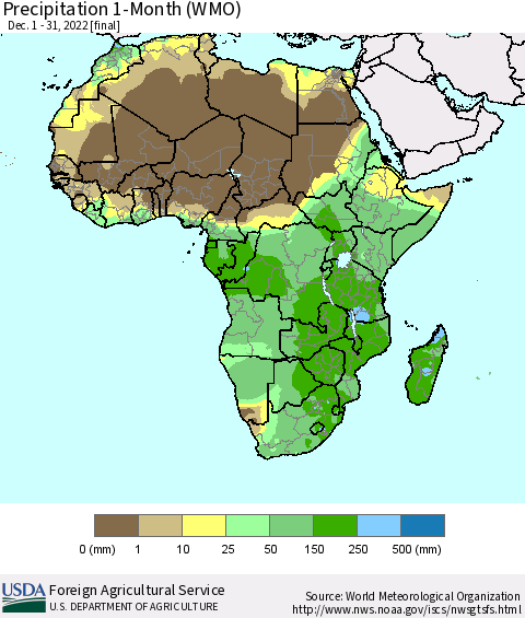 Africa Precipitation 1-Month (WMO) Thematic Map For 12/1/2022 - 12/31/2022