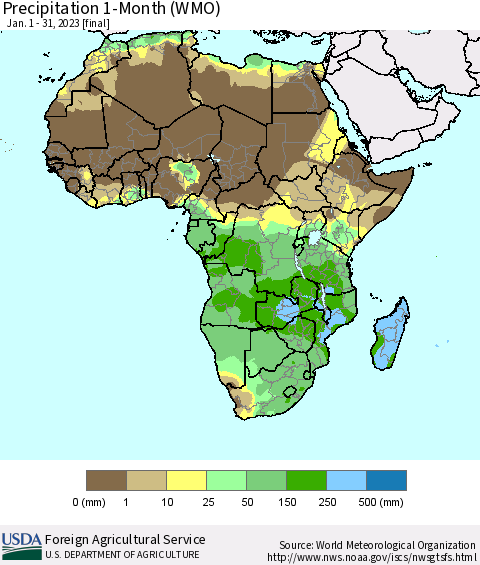 Africa Precipitation 1-Month (WMO) Thematic Map For 1/1/2023 - 1/31/2023