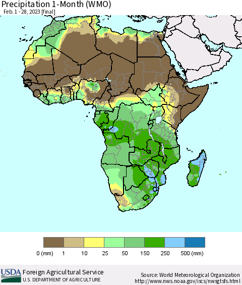 Africa Precipitation 1-Month (WMO) Thematic Map For 2/1/2023 - 2/28/2023