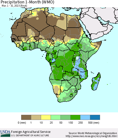 Africa Precipitation 1-Month (WMO) Thematic Map For 3/1/2023 - 3/31/2023