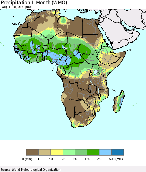 Africa Precipitation 1-Month (WMO) Thematic Map For 8/1/2023 - 8/31/2023