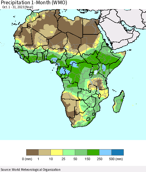 Africa Precipitation 1-Month (WMO) Thematic Map For 10/1/2023 - 10/31/2023