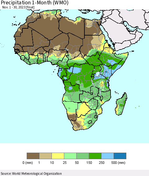Africa Precipitation 1-Month (WMO) Thematic Map For 11/1/2023 - 11/30/2023