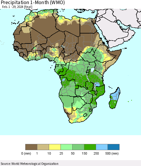Africa Precipitation 1-Month (WMO) Thematic Map For 2/1/2024 - 2/29/2024