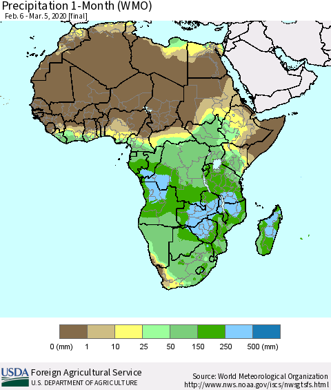 Africa Precipitation 1-Month (WMO) Thematic Map For 2/6/2020 - 3/5/2020