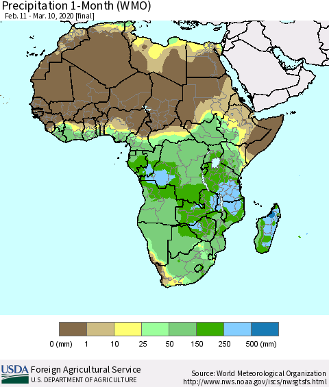Africa Precipitation 1-Month (WMO) Thematic Map For 2/11/2020 - 3/10/2020