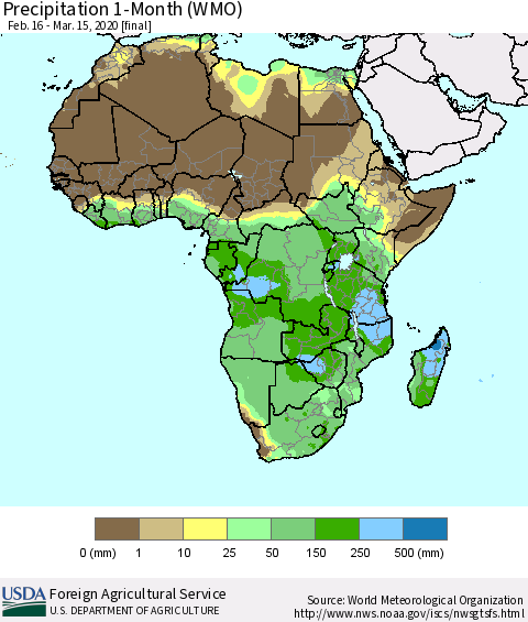 Africa Precipitation 1-Month (WMO) Thematic Map For 2/16/2020 - 3/15/2020