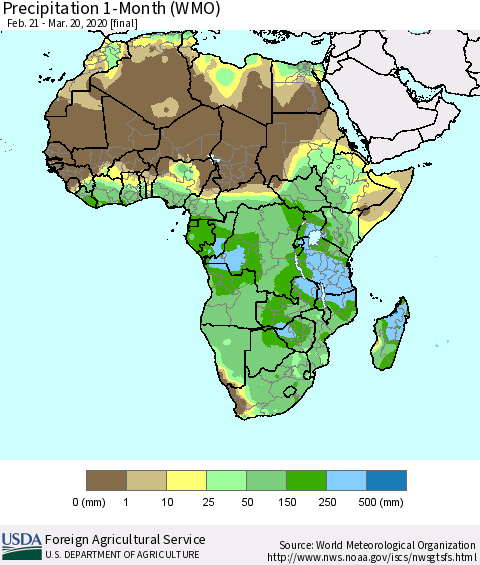 Africa Precipitation 1-Month (WMO) Thematic Map For 2/21/2020 - 3/20/2020