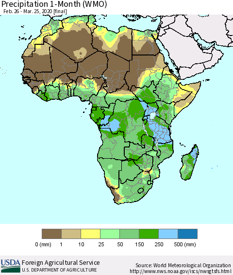 Africa Precipitation 1-Month (WMO) Thematic Map For 2/26/2020 - 3/25/2020