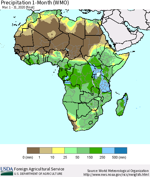 Africa Precipitation 1-Month (WMO) Thematic Map For 3/1/2020 - 3/31/2020