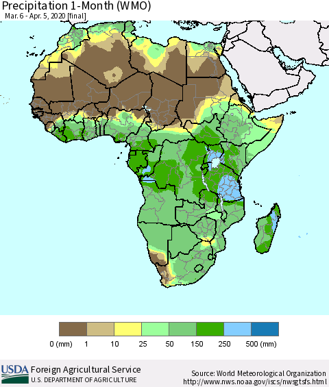 Africa Precipitation 1-Month (WMO) Thematic Map For 3/6/2020 - 4/5/2020