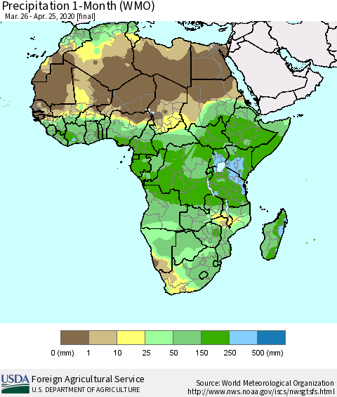 Africa Precipitation 1-Month (WMO) Thematic Map For 3/26/2020 - 4/25/2020