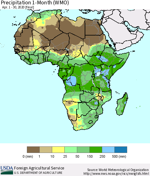 Africa Precipitation 1-Month (WMO) Thematic Map For 4/1/2020 - 4/30/2020