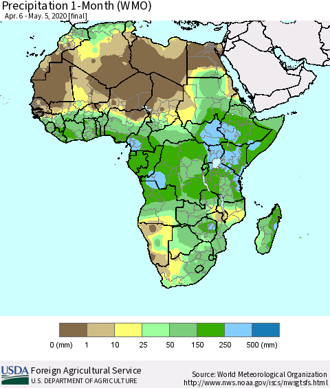 Africa Precipitation 1-Month (WMO) Thematic Map For 4/6/2020 - 5/5/2020