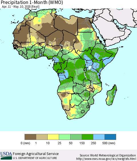 Africa Precipitation 1-Month (WMO) Thematic Map For 4/11/2020 - 5/10/2020