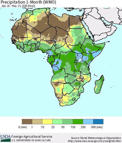 Africa Precipitation 1-Month (WMO) Thematic Map For 4/16/2020 - 5/15/2020