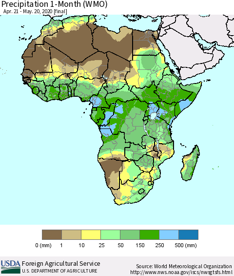 Africa Precipitation 1-Month (WMO) Thematic Map For 4/21/2020 - 5/20/2020
