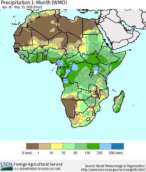 Africa Precipitation 1-Month (WMO) Thematic Map For 4/26/2020 - 5/25/2020
