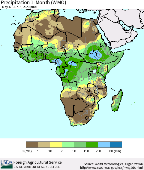 Africa Precipitation 1-Month (WMO) Thematic Map For 5/6/2020 - 6/5/2020