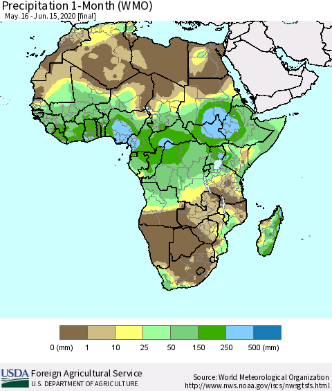 Africa Precipitation 1-Month (WMO) Thematic Map For 5/16/2020 - 6/15/2020