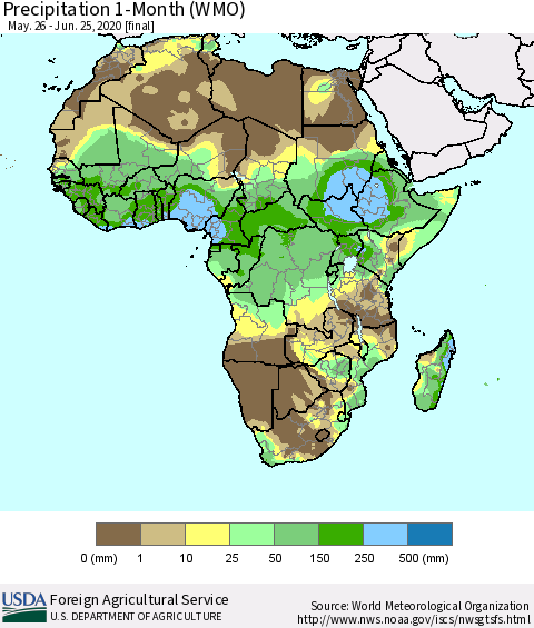 Africa Precipitation 1-Month (WMO) Thematic Map For 5/26/2020 - 6/25/2020