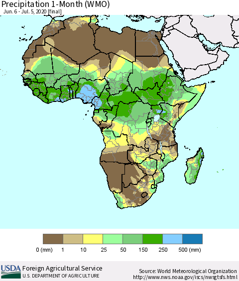 Africa Precipitation 1-Month (WMO) Thematic Map For 6/6/2020 - 7/5/2020