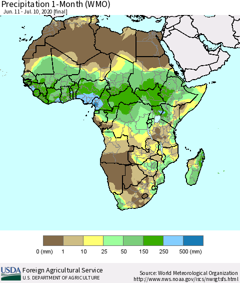 Africa Precipitation 1-Month (WMO) Thematic Map For 6/11/2020 - 7/10/2020