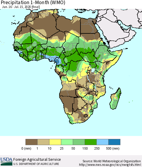 Africa Precipitation 1-Month (WMO) Thematic Map For 6/16/2020 - 7/15/2020